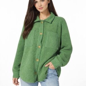 American Eagle Green Teddy Shacket Coat L - Cozy Textured Button Front